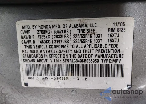 2006 Honda Odyssey Ex from USA, damaged, VIN 5FNRL38496B035959
